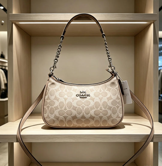 Coach Teri Shoulder Bag Signature Canvas Silver/Sand/Taupe CV933