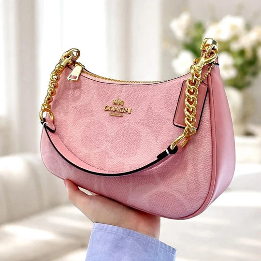 COACH Teri Shoulder Bag Signature Canvas Gold/Powder Pink CAL51